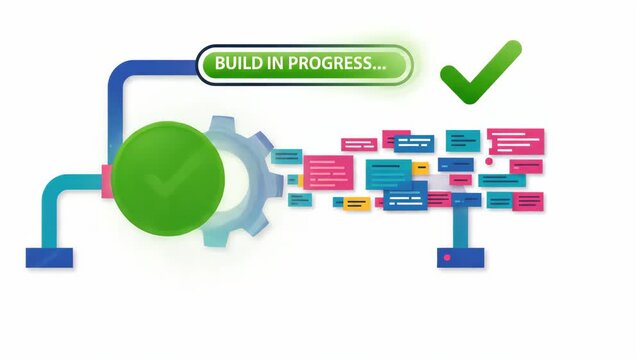 digital gear processes complex data streams on white background with completed loading bar and technical build text overlaying the systematic workflow of software development environment