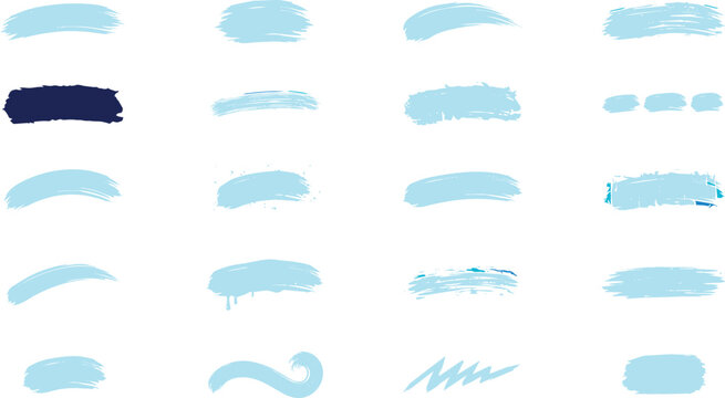 Collection of light blue and dark navy paint brush strokes and artistic textures isolated on a white background, for projects