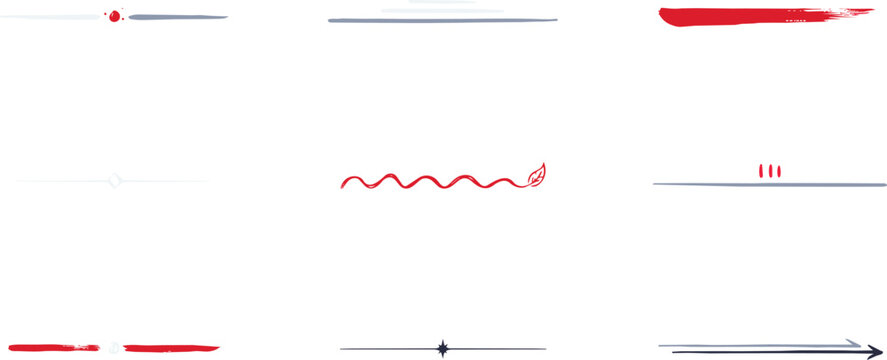 Collection of hand drawn text dividers and decorative line in red and blue colors on a white background, for page layout decoration