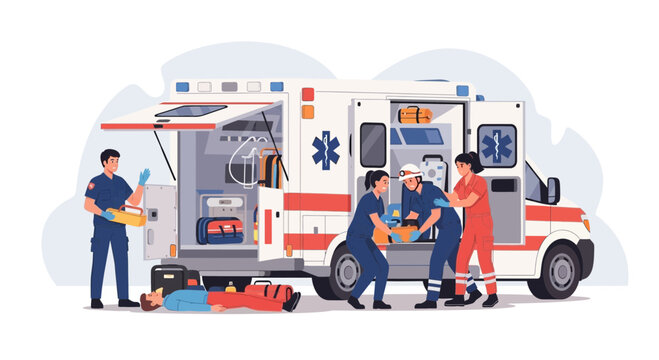 Paramedics Performing Emergency Rescue Operation Near Ambulance