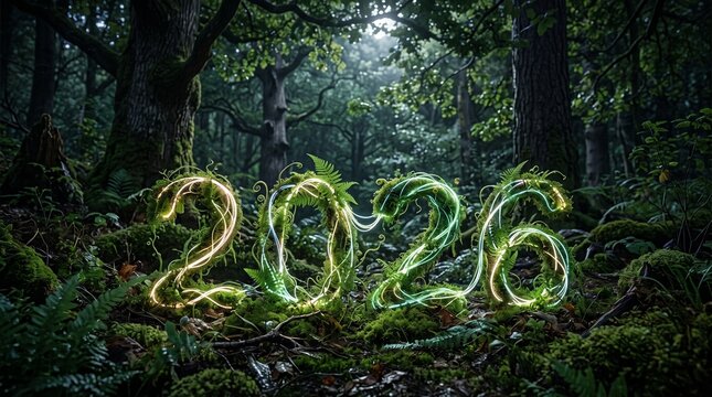 Moss spelling 2026 with fiber optics lights and digital nature background