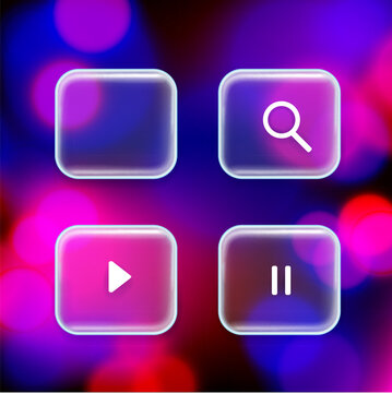 Set of four transparent glass effect UI buttons with search, play and pause icons on a vivid pink, purple and blue bokeh background. Vector interface elements.
