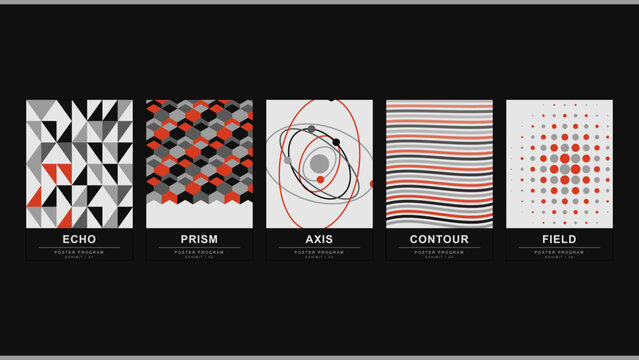 Five poster program exhibits displaying geometric patterns including triangles, isometric cubes, orbital paths, wavy lines, and halftone dot grids