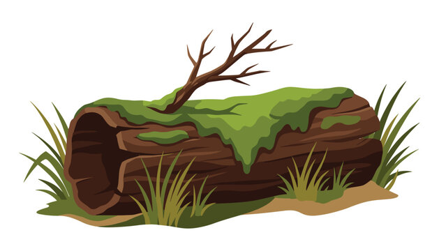 Old hollow fallen tree log covered in green moss and grass isolated on white background vector illustration