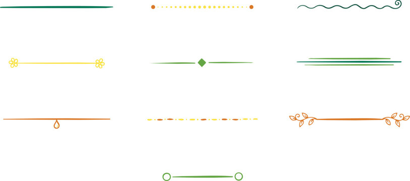 Set of nine hand-drawn decorative text dividers and borders in green and orange colors isolated on a plain white background for