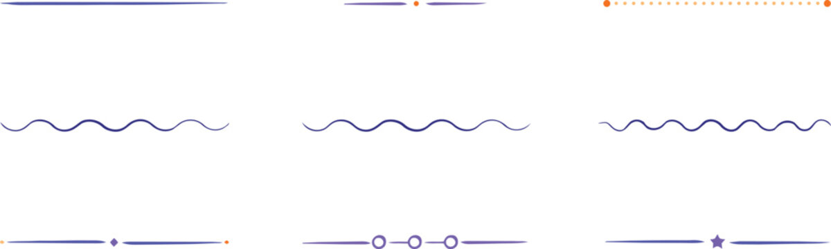 Set of purple wavy line dividers and separators with dots and stars isolated on a white background, for document formatting