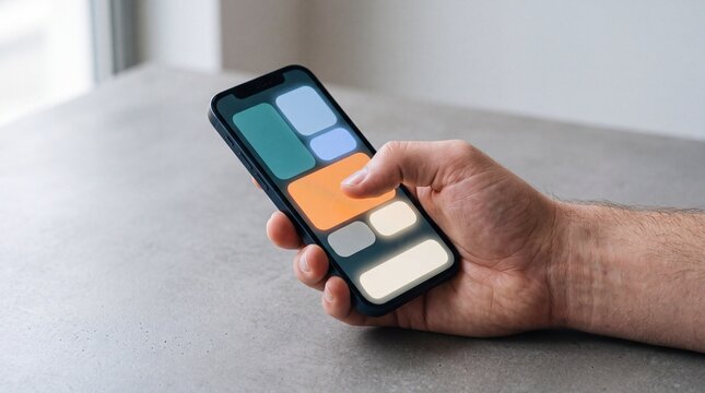 Close-up shot of a hand holding a smartphone displaying a colorful widget interface.