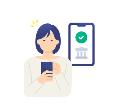 スマホで口座開設を完了した女性のイラスト素材