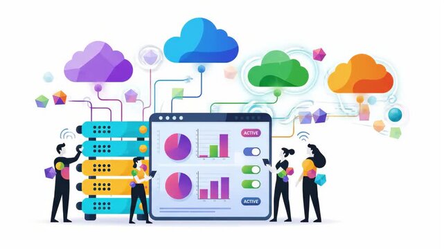 Digital technicians manage data flow between physical server rack and colorful cloud computing symbols on clean white background illustrating modern network infrastructure and connectivity