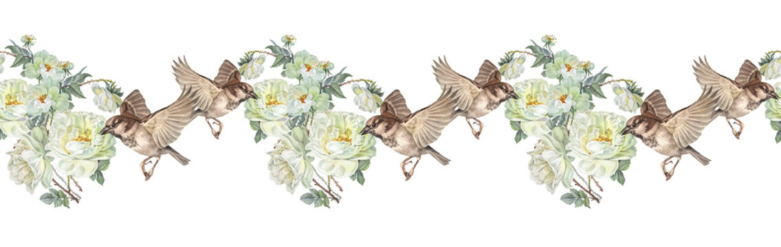 Watercolor seamless border with bird sparrow and flower dog rose on white background. Hand-drawn summer branch with green leaves and wild rose hip. Botanical rim for tea wallpaper and wrapping