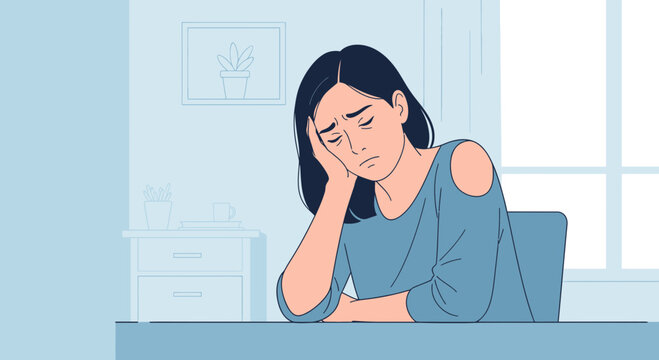 Sad Woman Sitting at Desk, Isolated with Transparent Background