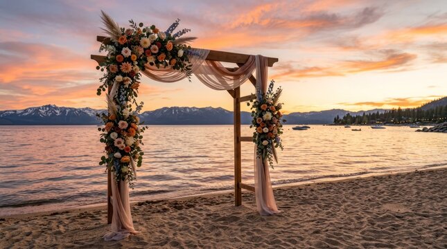 Beautiful Wedding Arch Decorated with Flowers on a Beach at Sunset.