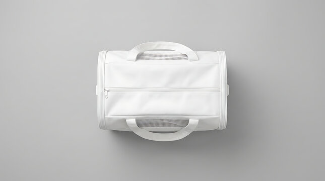 Modern White Pet Carrier Bag Mockup Isolated On Clean Gray Background Top View For Animal Travel Product Presentation