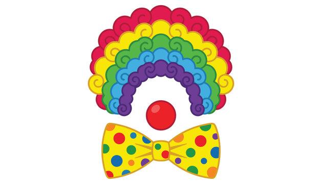 Colorful clown costume vector elements set featuring bright rainbow afro wig red nose and polka dot bow tie isolated on white