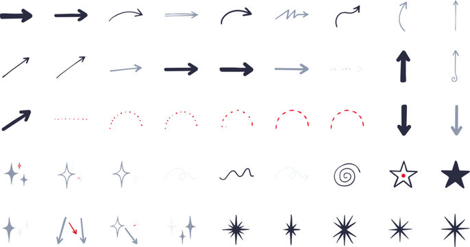 A collection of hand-drawn arrows, stars, and sparkles in dark blue and red colors isolated on a white background, for projects