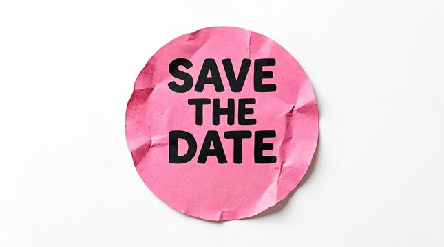 Crumpled pink save the date announcement isolated on a clean white background