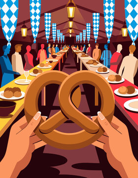 POV hands holding large pretzel inside lively Oktoberfest beer tent with decorations, tables filled with food and drinks, blue and white Bavarian ribbons hanging from ceiling, joyful autumn atmosphere