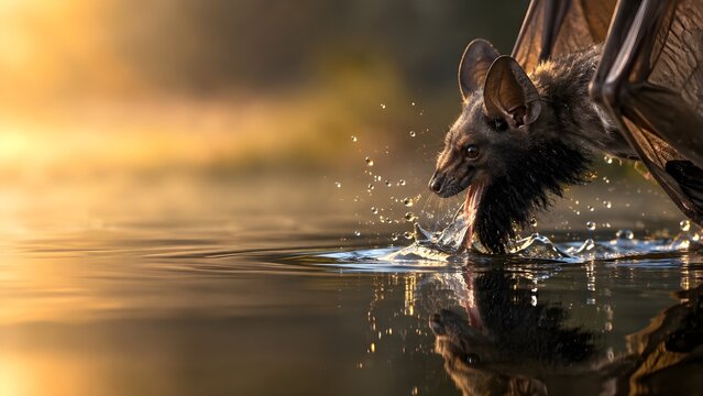 Endemic Black-Bearded Tomb Bat Taphozous Melanopogon Open Jaw Scooping Water Climax, Fractured Water Reflection with High Speed Droplets, Golden Dawn Mist Background Large Copy Space