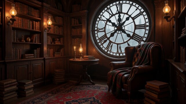 Vintage library with large clock on wall