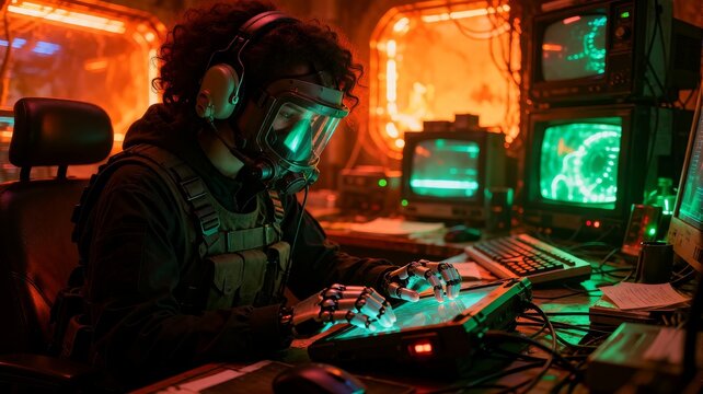 Warrior with helmet operates computer in futuristic bunker