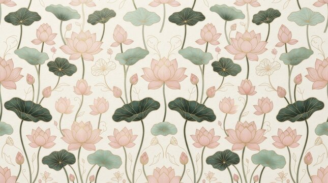 Diwali background with pink lotus flowers and green leaves in a seamless floral pattern