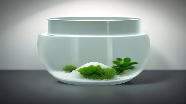 Modern White Terrarium Glass Container With Green Moss And Plants On Grey Table Surface