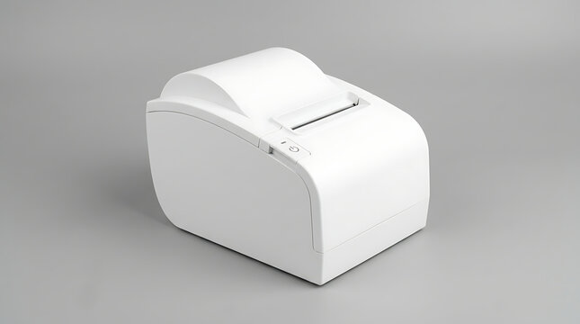 Modern White Thermal Receipt Printer Standing on Clean Grey Background for Business and Retail POS Systems