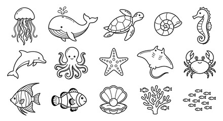 Obraz premium Cute sea animals and ocean life line art coloring page vector set