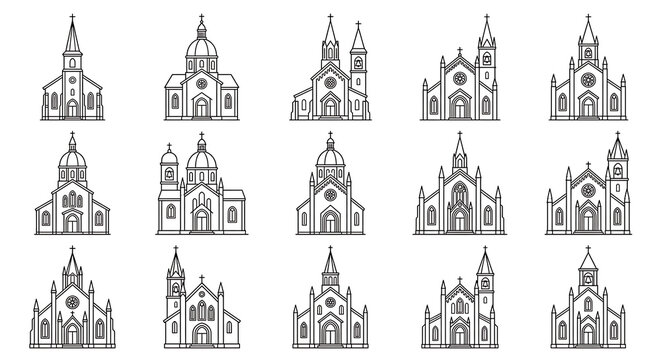 Church building collection line art architecture coloring page vector set