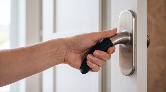 A hand is opening a white door with a metal handle.