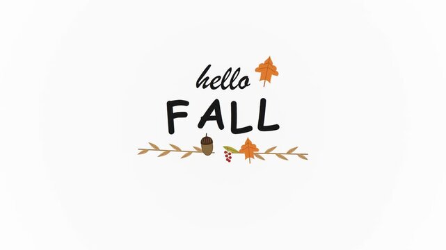 Hello Fall decorative illustration with autumnal leaves and acorn accents, capturing the essence of the season's arrival in a warm design