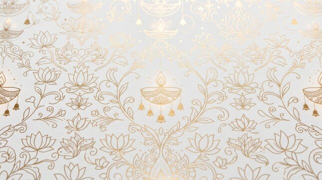 Golden floral and lotus motifs on a bright festive background for diwali with deepavali