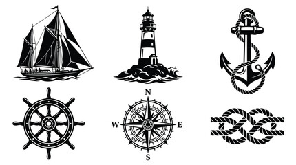 Vintage nautical icons set with ship wheel and anchor © EmayetHossen