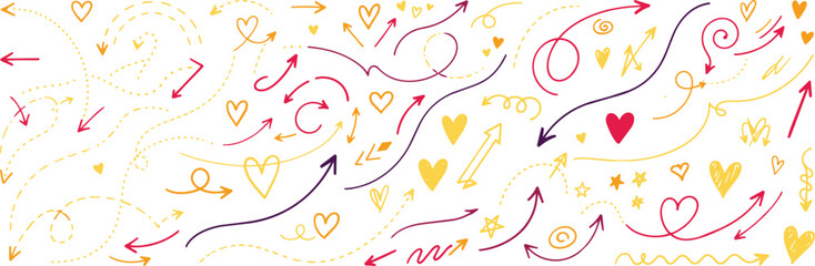 Fototapeta premium Colorful collection of hand drawn arrows and heart shapes in purple, yellow, and red, isolated on a white background, for projects