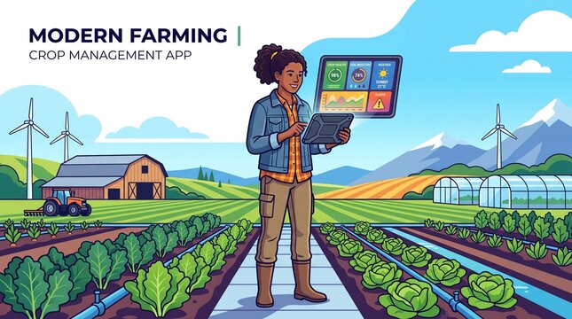 Modern Millennial Farmer Using Mobile Agriculture App Vector Illustration