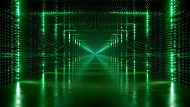 Futuristic Green Neon Light Tunnel With Reflective Floor
