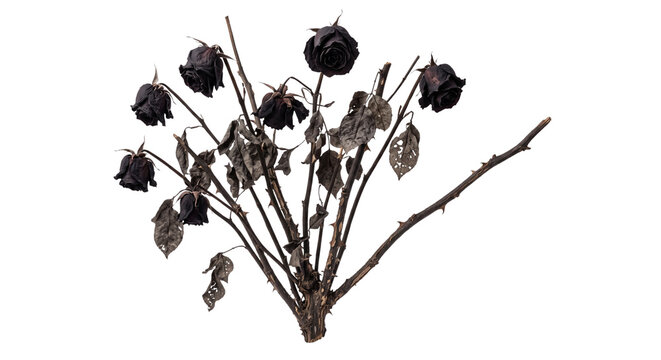 Dead Black Rose Bush with Thorny Branches and Withered Dried Roses, Gothic Dark Halloween Plant Isolated on White