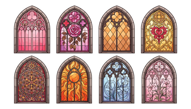 Vintage stained glass window vector collection set with gothic arches floral roses and geometric patterns isolated on white background