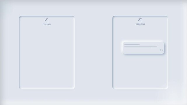 Neomorphic "user" interface animation showing a chat bubble transferring between profile cards