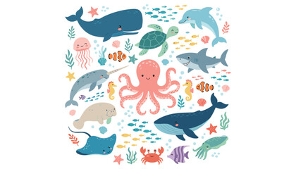 Vector illustration set of cute cartoon sea animals whale octopus shark dolphin isolated on white background © moinul