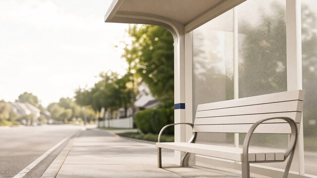 Empty bus stop bench with no bus in sight - bus driver shortage and recruitment concept banner with copy space