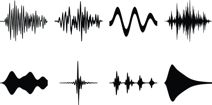 Set of black sound waves vector icons featuring audio frequencies and music waveforms on isolated white background