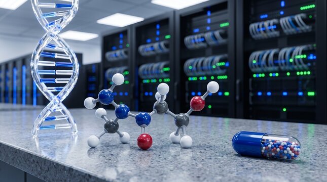 DNA molecule molecular structure and capsule with pills on a counter in front of a server room rack with blinking lights