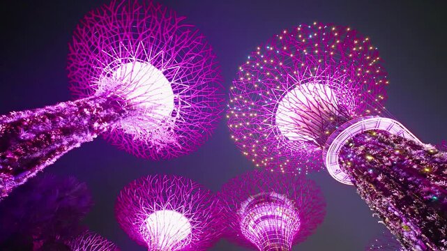 Futuristic Supertree Grove glowing in brilliant green and yellow lights at night in Singapore.