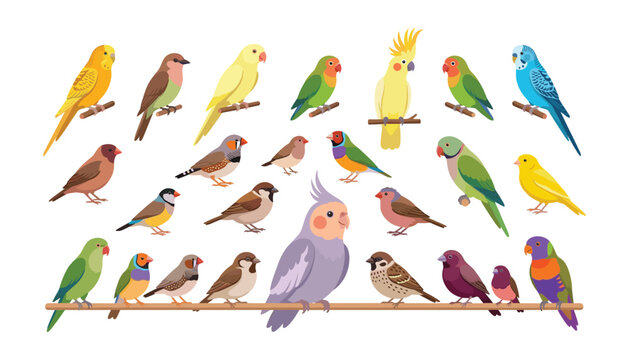 Large collection of exotic pet birds and wild songbirds including parrots cockatiel parakeets finches and sparrows vector illustration set