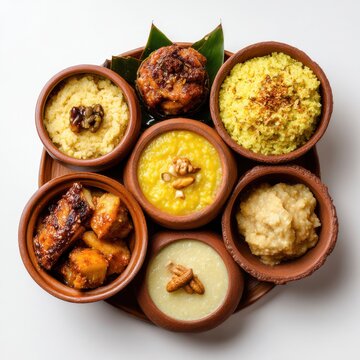 Durga Puja bhog prasad assortment including khichuri labra  isolated on a white background