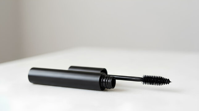 Minimalist black mascara tube and applicator brush on neutral surface