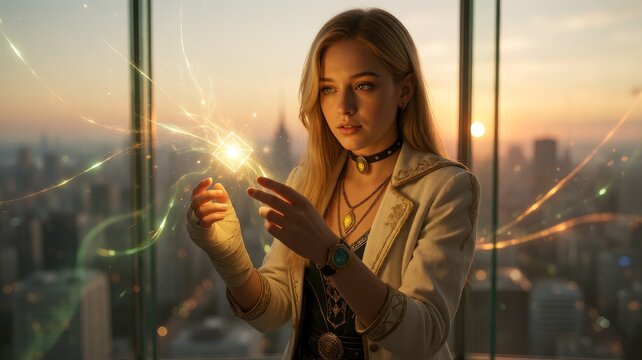 Young Woman Conjuring Glowing Magic Crystal in High-Rise City Skyline