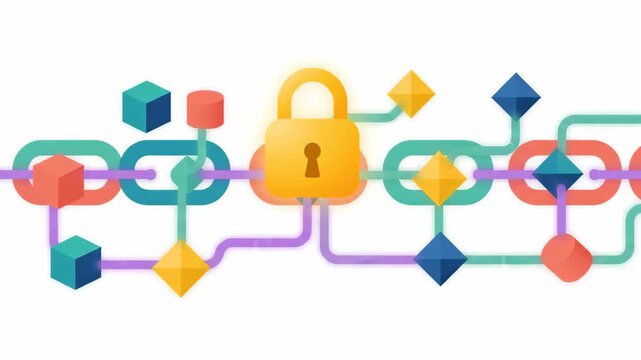 Abstract graphic illustration of interconnected geometric shapes and colorful link chains forming digital network flow against plain white background