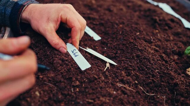 Person Writes On A Garden Bed Marker To Organise And Label Different Plants In An Outdoor Vegetable Garden. Close-up Shot